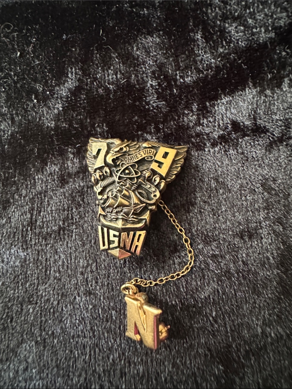 USNA Naval Academy Antique-Style Gold Tie Tack Pin with N Charm